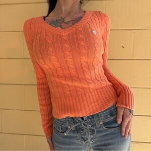 Y2K Aeropostale Orange Cable Knit Butterfly V-Neck Sweater Medium